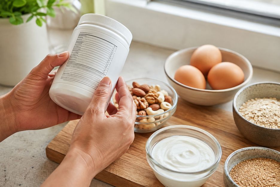 Inspecting a Supplement Label Beside Healthy Foods